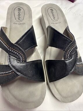 Women's Black Slip-On Rhinestone Accent Sandals